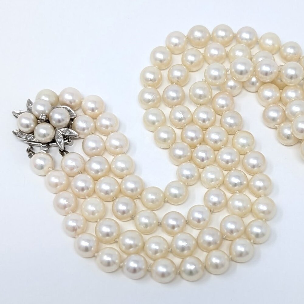 Vintage 14k Double Strand Akoya Pearl Necklace with Diamonds Solid White Gold